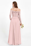 Flowy Chiffon Lace off the shoulder Bridesmaid Dress Long sleeves Formal Evening Party Dresses