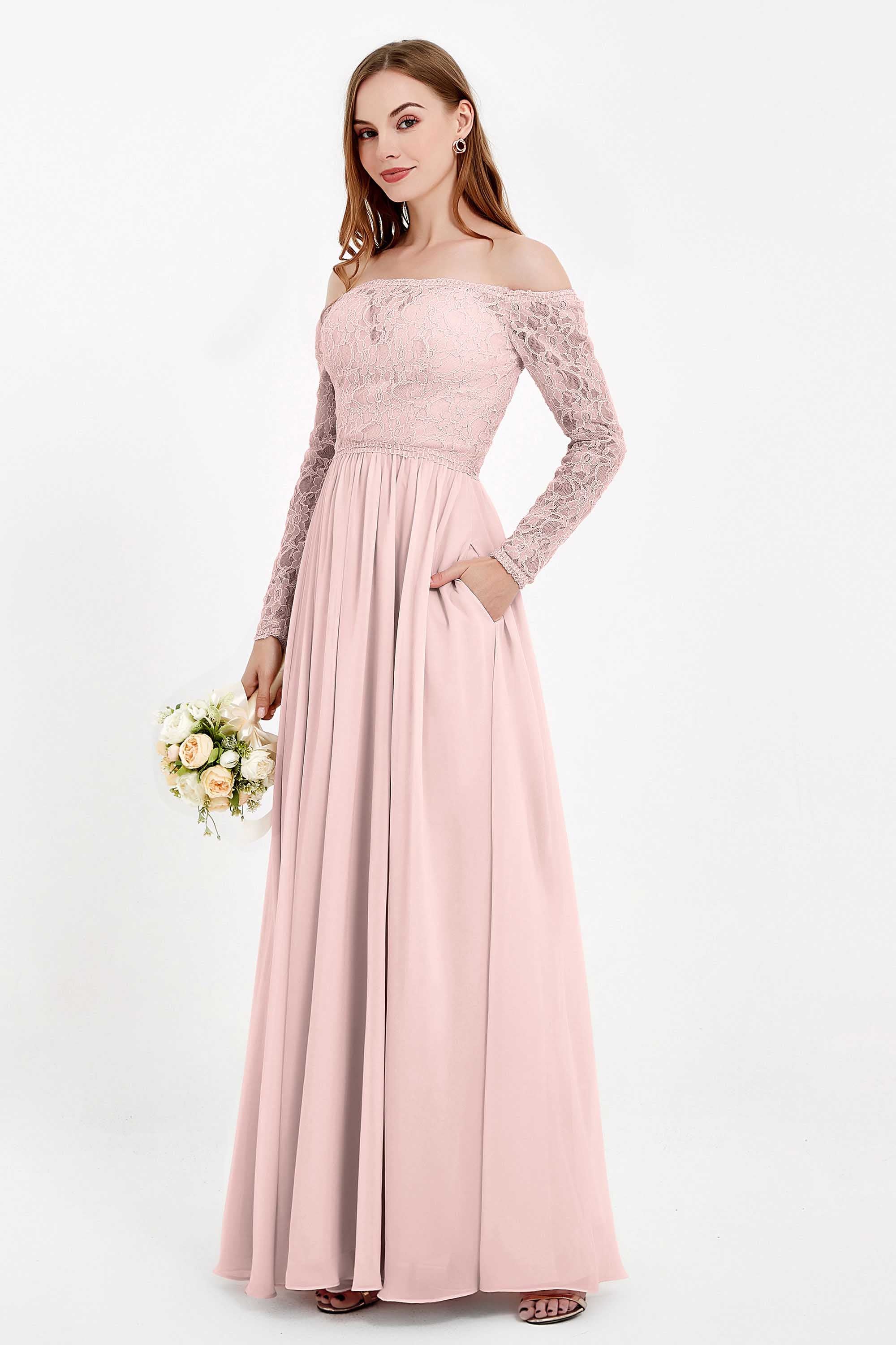 Flowy Chiffon Lace off the shoulder Bridesmaid Dress Long sleeves Formal Evening Party Dresses