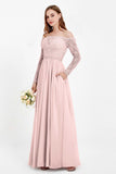 Flowy Chiffon Lace off the shoulder Bridesmaid Dress Long sleeves Formal Evening Party Dresses