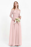 Flowy Chiffon Lace off the shoulder Bridesmaid Dress Long sleeves Formal Evening Party Dresses