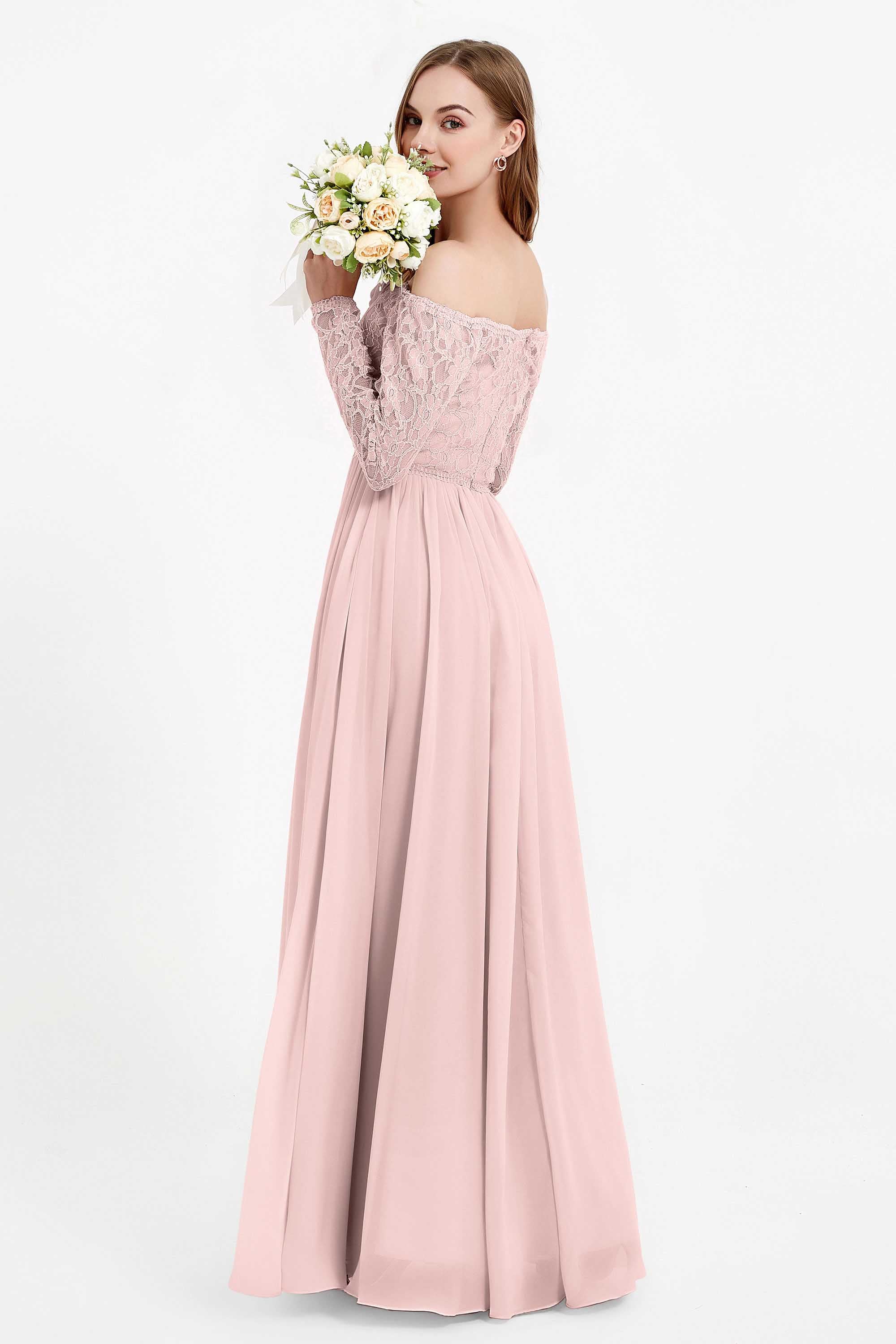 Flowy Chiffon Lace off the shoulder Bridesmaid Dress Long sleeves Formal Evening Party Dresses