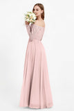 Flowy Chiffon Lace off the shoulder Bridesmaid Dress Long sleeves Formal Evening Party Dresses
