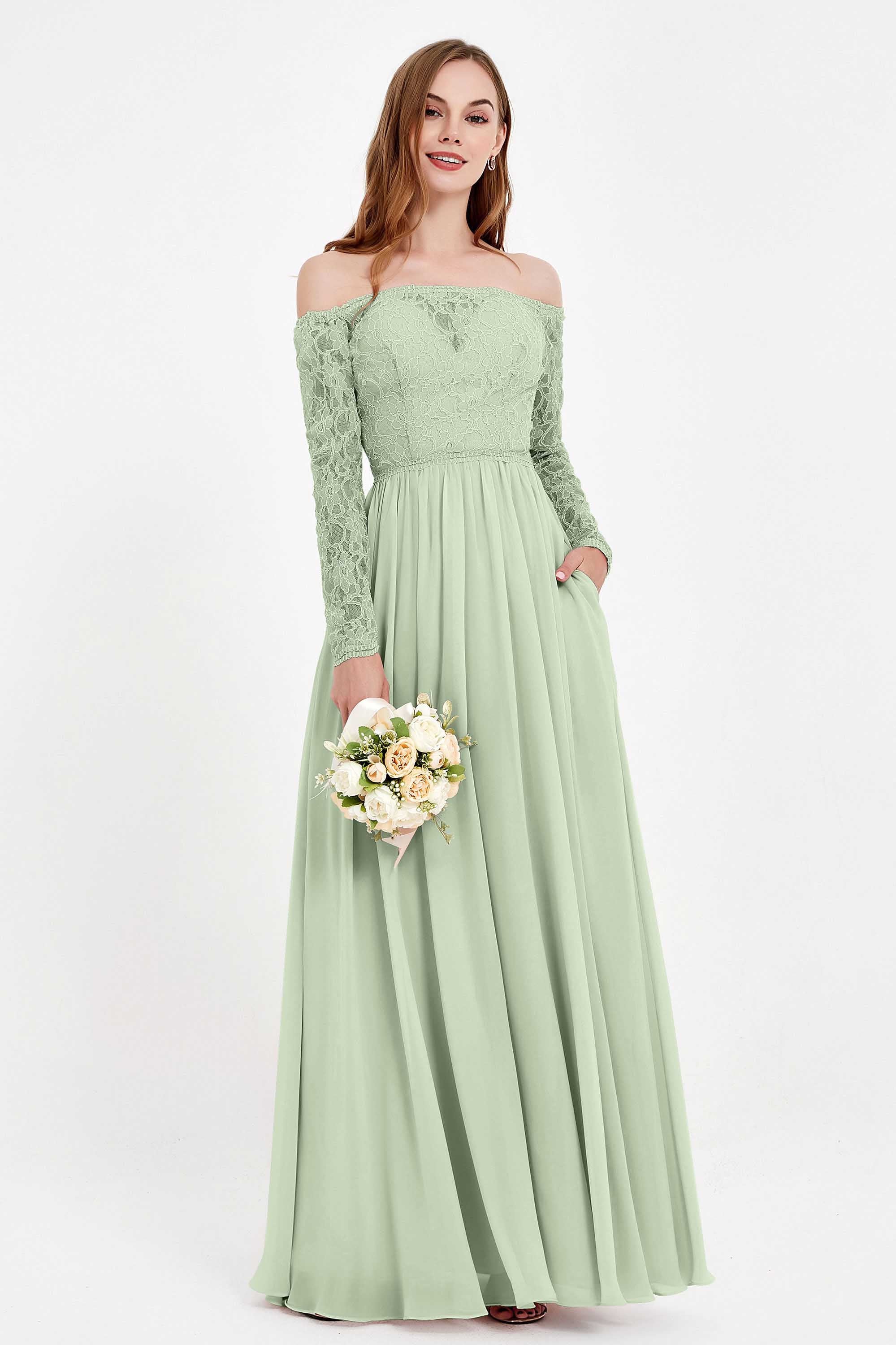 Flowy Chiffon Lace off the shoulder Bridesmaid Dress Long sleeves Formal Evening Party Dresses