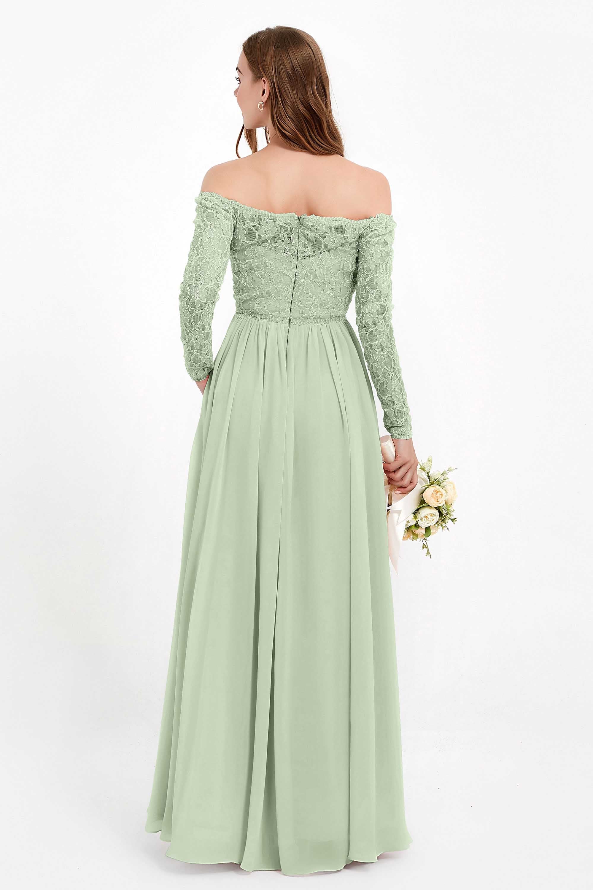 Flowy Chiffon Lace off the shoulder Bridesmaid Dress Long sleeves Formal Evening Party Dresses