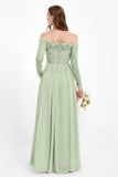 Flowy Chiffon Lace off the shoulder Bridesmaid Dress Long sleeves Formal Evening Party Dresses