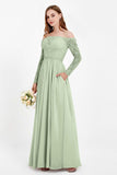 Flowy Chiffon Lace off the shoulder Bridesmaid Dress Long sleeves Formal Evening Party Dresses