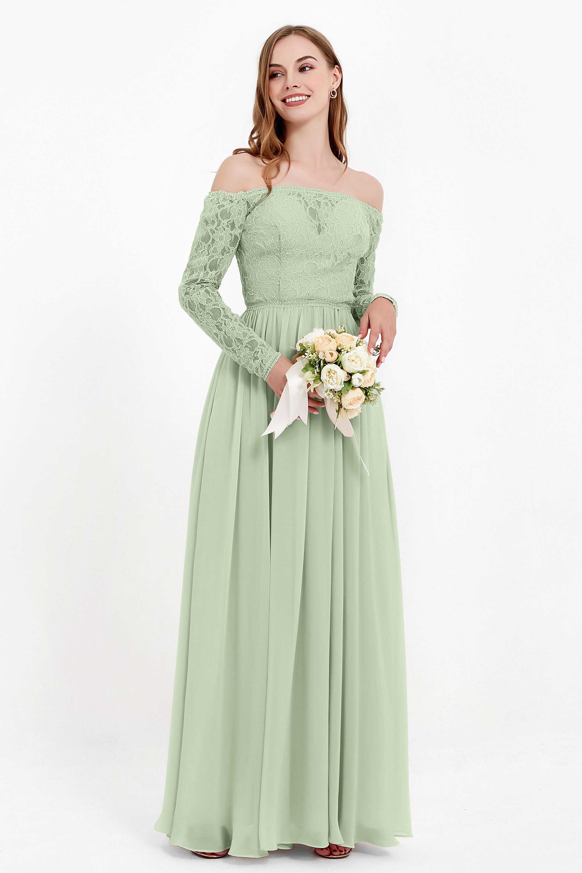 Flowy Chiffon Lace off the shoulder Bridesmaid Dress Long sleeves Formal Evening Party Dresses