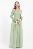 Flowy Chiffon Lace off the shoulder Bridesmaid Dress Long sleeves Formal Evening Party Dresses