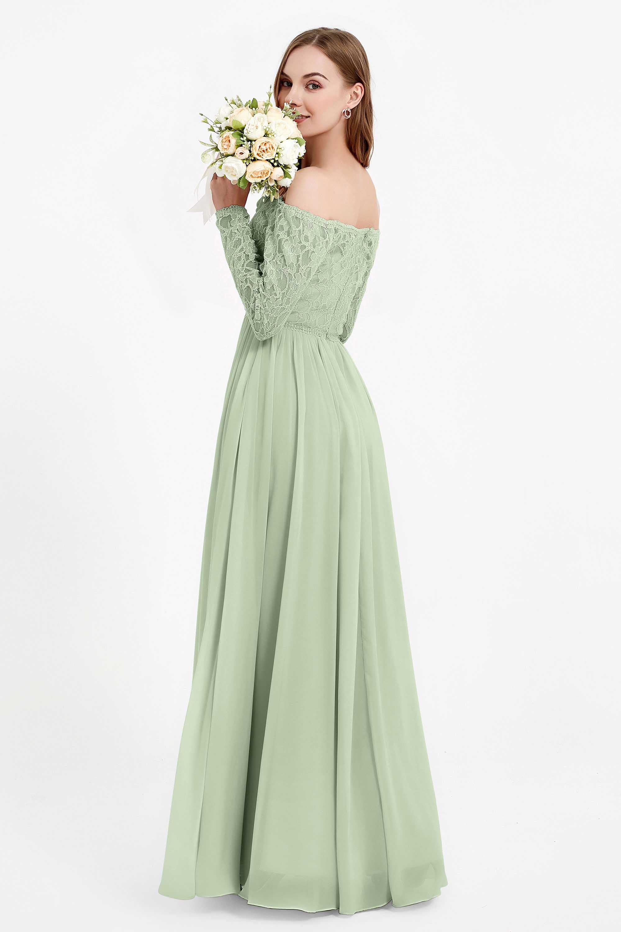 Flowy Chiffon Lace off the shoulder Bridesmaid Dress Long sleeves Formal Evening Party Dresses