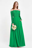 Flowy Chiffon Lace off the shoulder Bridesmaid Dress Long sleeves Formal Evening Party Dresses