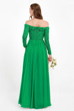 Flowy Chiffon Lace off the shoulder Bridesmaid Dress Long sleeves Formal Evening Party Dresses