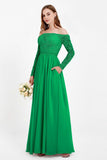 Flowy Chiffon Lace off the shoulder Bridesmaid Dress Long sleeves Formal Evening Party Dresses