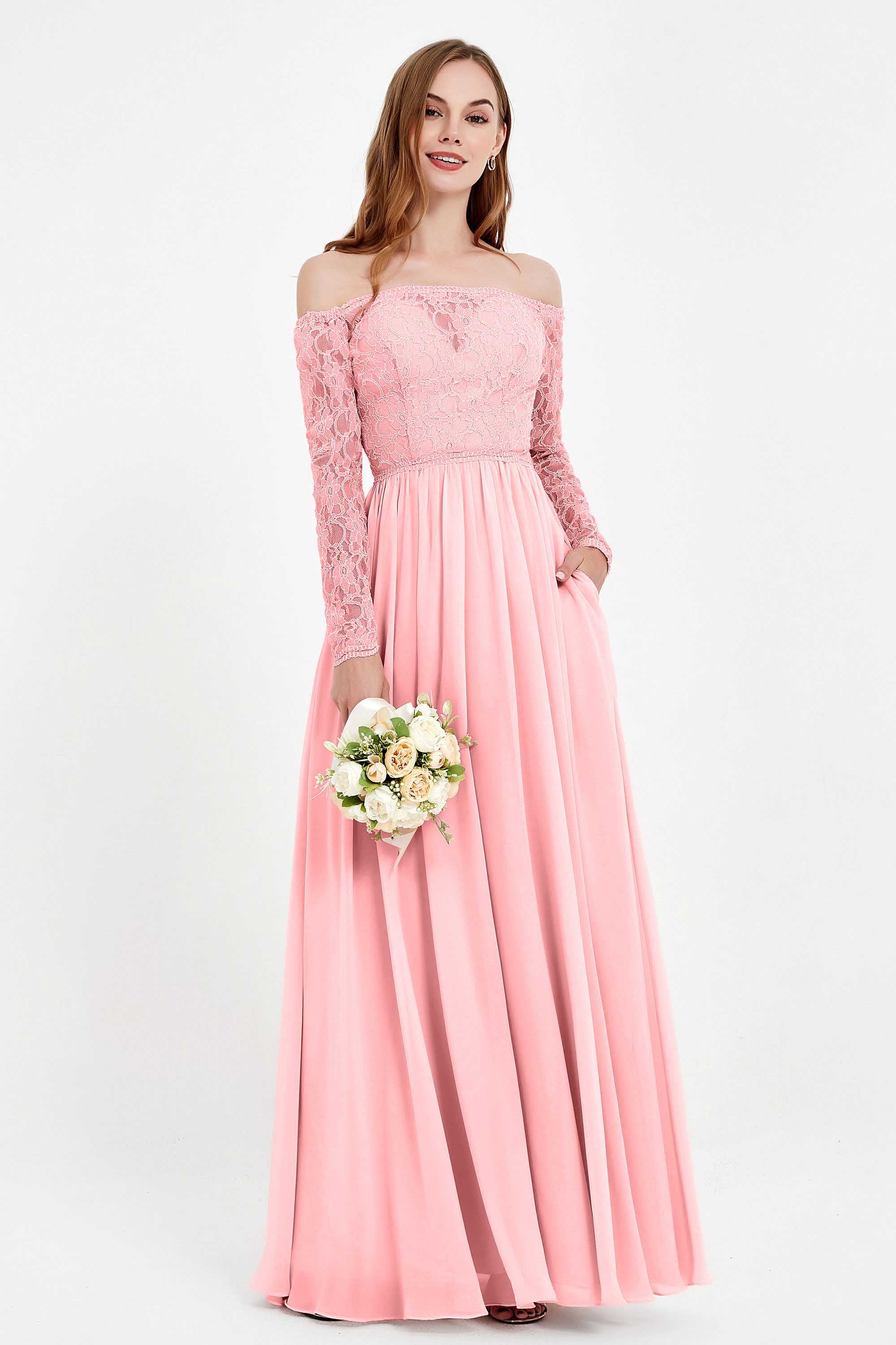 Flowy Chiffon Lace off the shoulder Bridesmaid Dress Long sleeves Formal Evening Party Dresses