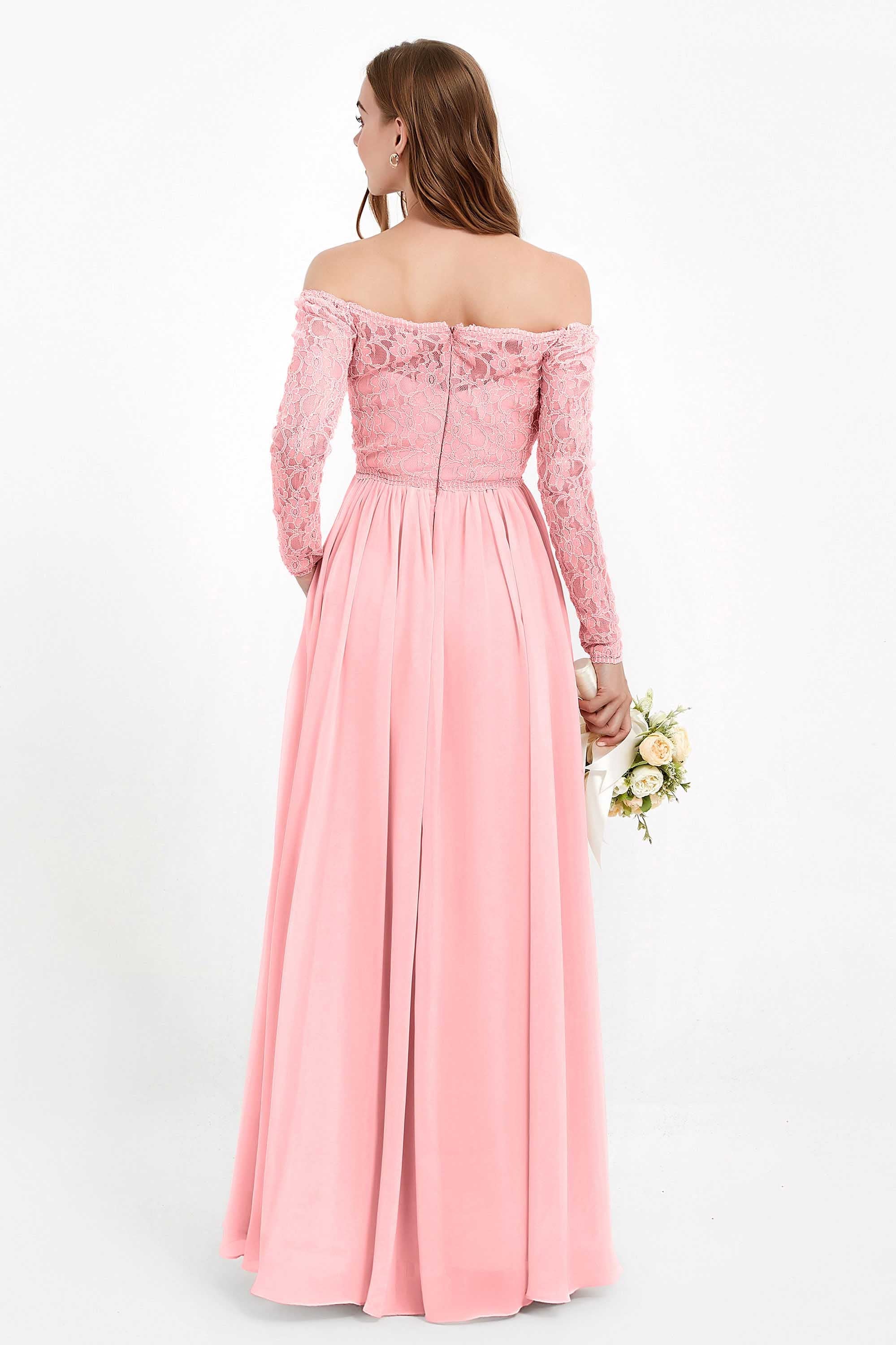 Flowy Chiffon Lace off the shoulder Bridesmaid Dress Long sleeves Formal Evening Party Dresses