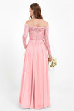 Flowy Chiffon Lace off the shoulder Bridesmaid Dress Long sleeves Formal Evening Party Dresses