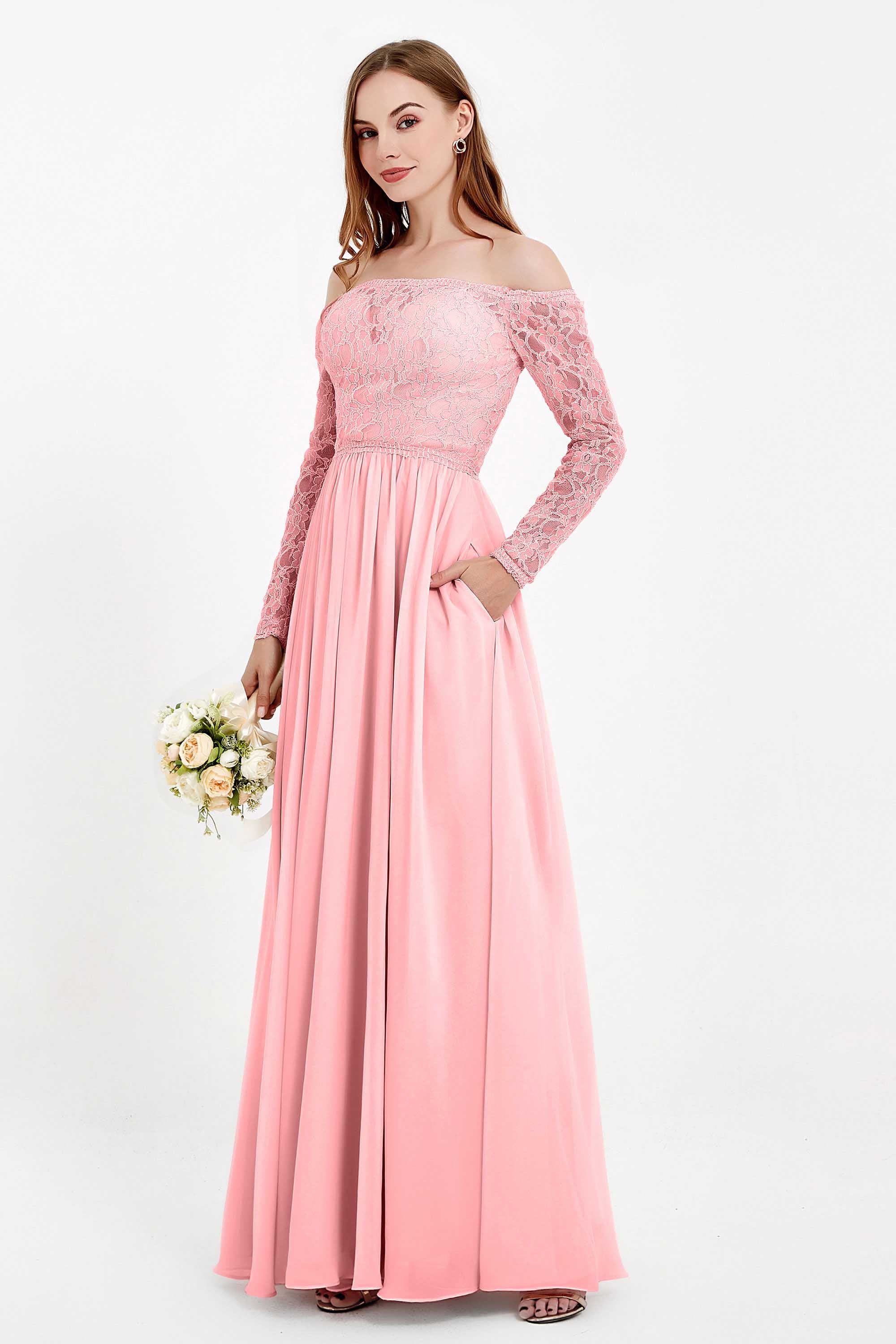 Flowy Chiffon Lace off the shoulder Bridesmaid Dress Long sleeves Formal Evening Party Dresses