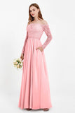 Flowy Chiffon Lace off the shoulder Bridesmaid Dress Long sleeves Formal Evening Party Dresses