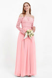 Flowy Chiffon Lace off the shoulder Bridesmaid Dress Long sleeves Formal Evening Party Dresses