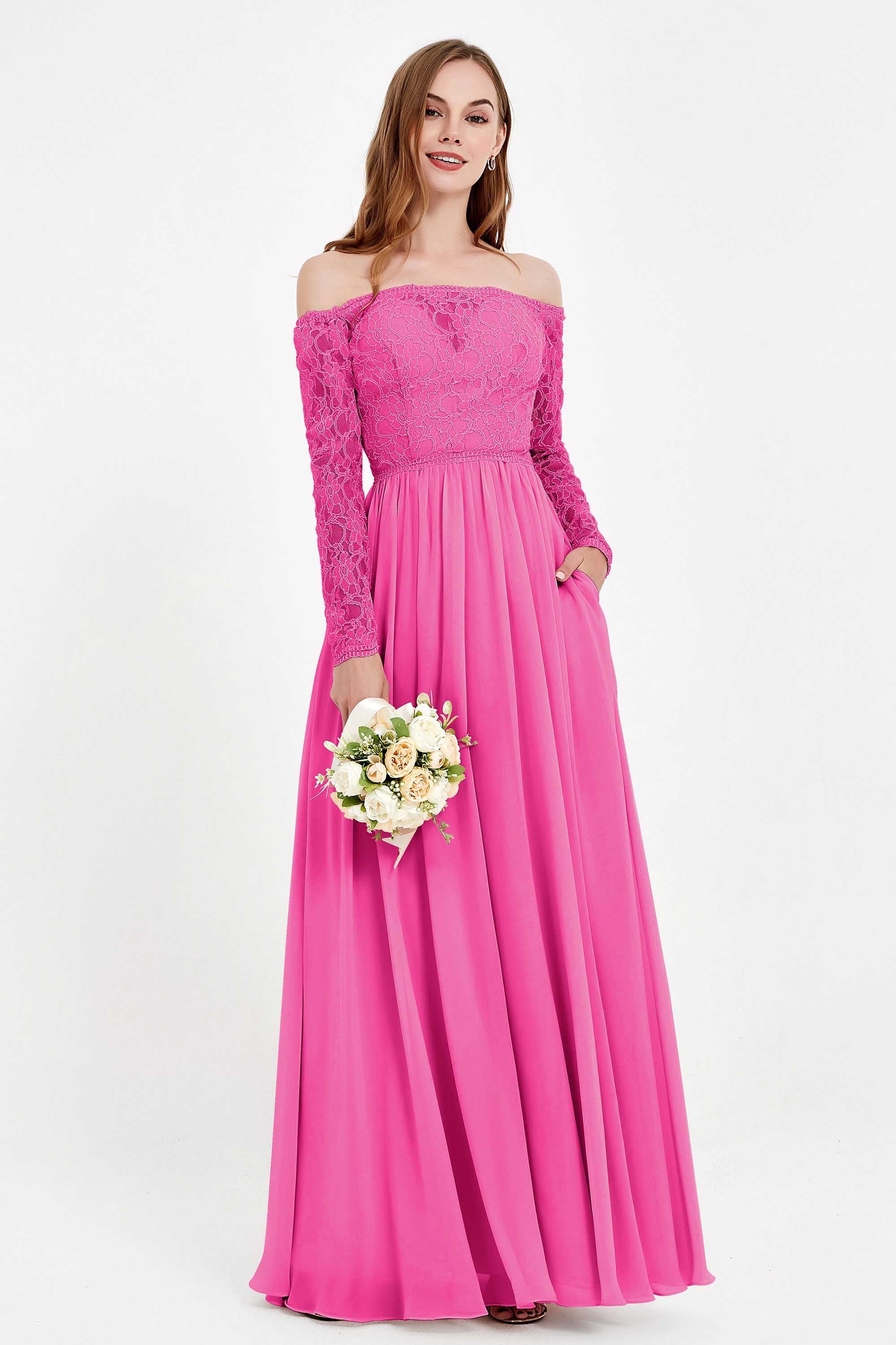 Flowy Chiffon Lace off the shoulder Bridesmaid Dress Long sleeves Formal Evening Party Dresses