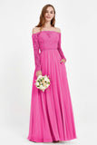 Flowy Chiffon Lace off the shoulder Bridesmaid Dress Long sleeves Formal Evening Party Dresses