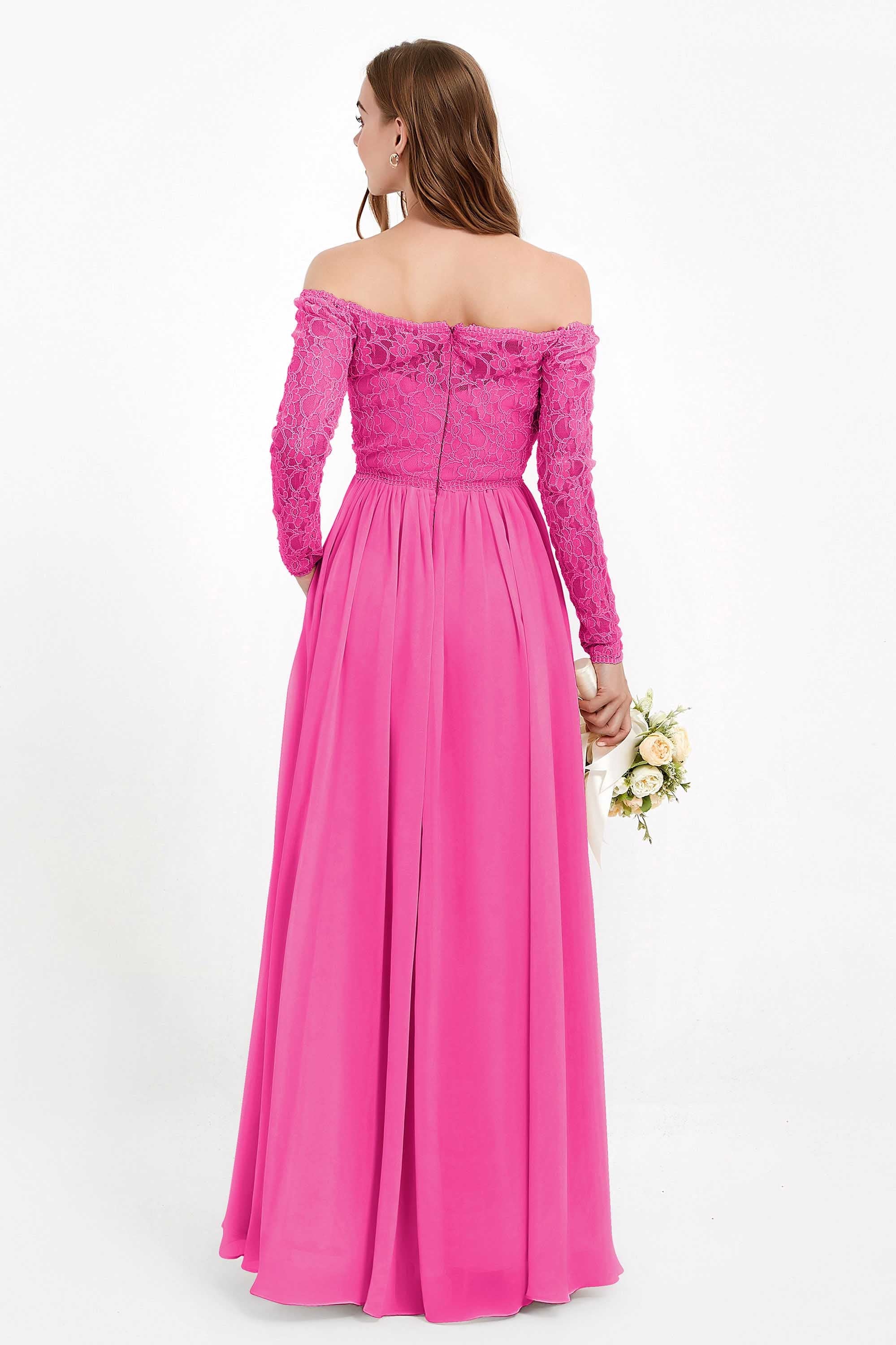 Flowy Chiffon Lace off the shoulder Bridesmaid Dress Long sleeves Formal Evening Party Dresses