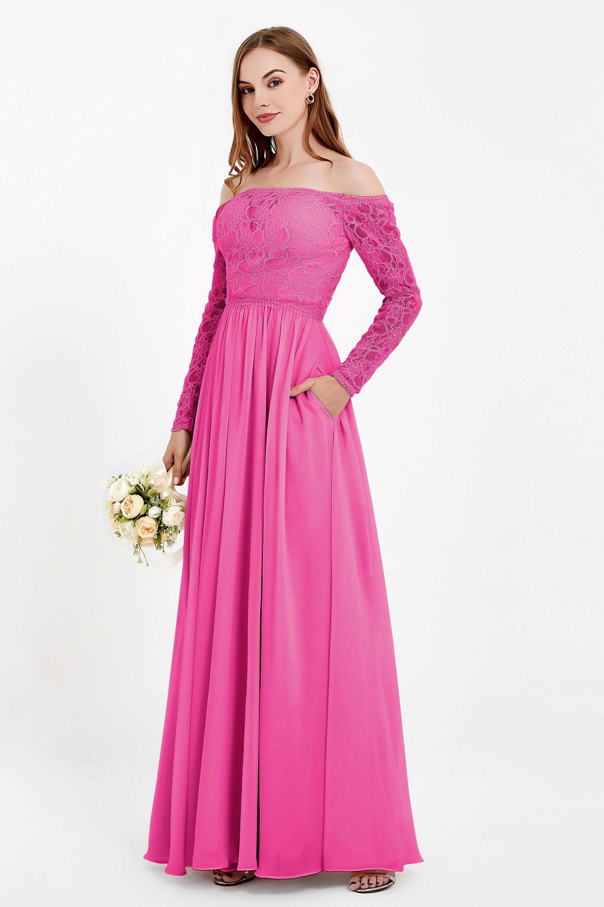 Flowy Chiffon Lace off the shoulder Bridesmaid Dress Long sleeves Formal Evening Party Dresses