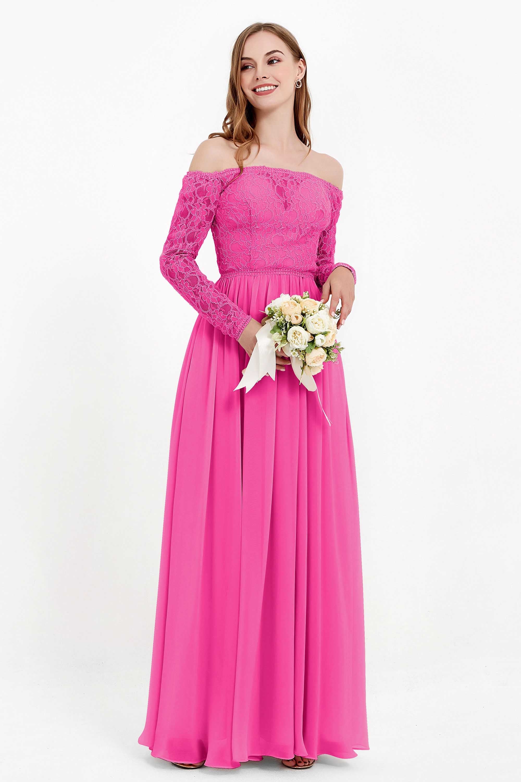 Flowy Chiffon Lace off the shoulder Bridesmaid Dress Long sleeves Formal Evening Party Dresses