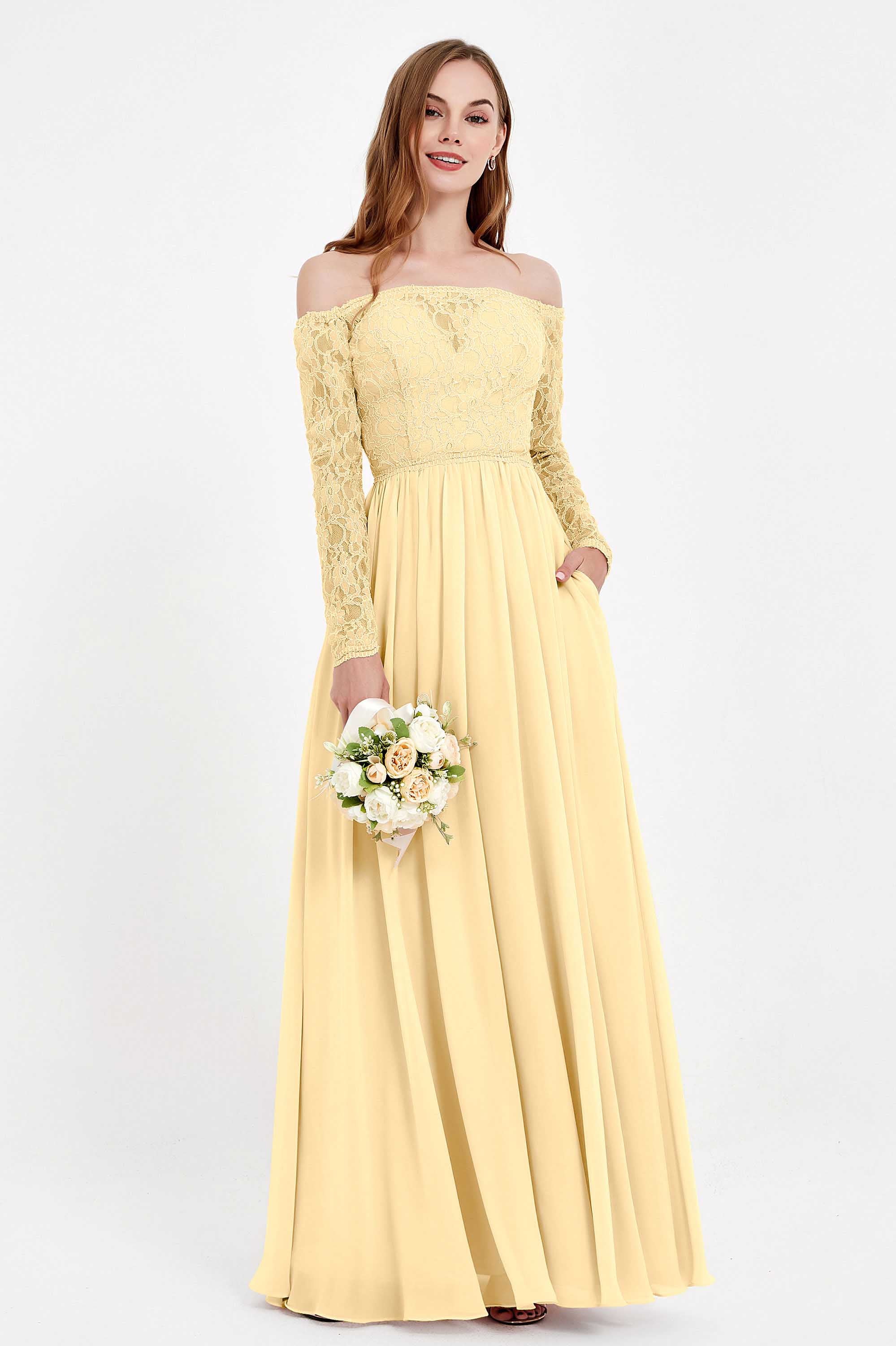 Flowy Chiffon Lace off the shoulder Bridesmaid Dress Long sleeves Formal Evening Party Dresses