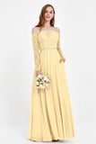 Flowy Chiffon Lace off the shoulder Bridesmaid Dress Long sleeves Formal Evening Party Dresses