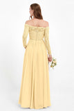 Flowy Chiffon Lace off the shoulder Bridesmaid Dress Long sleeves Formal Evening Party Dresses