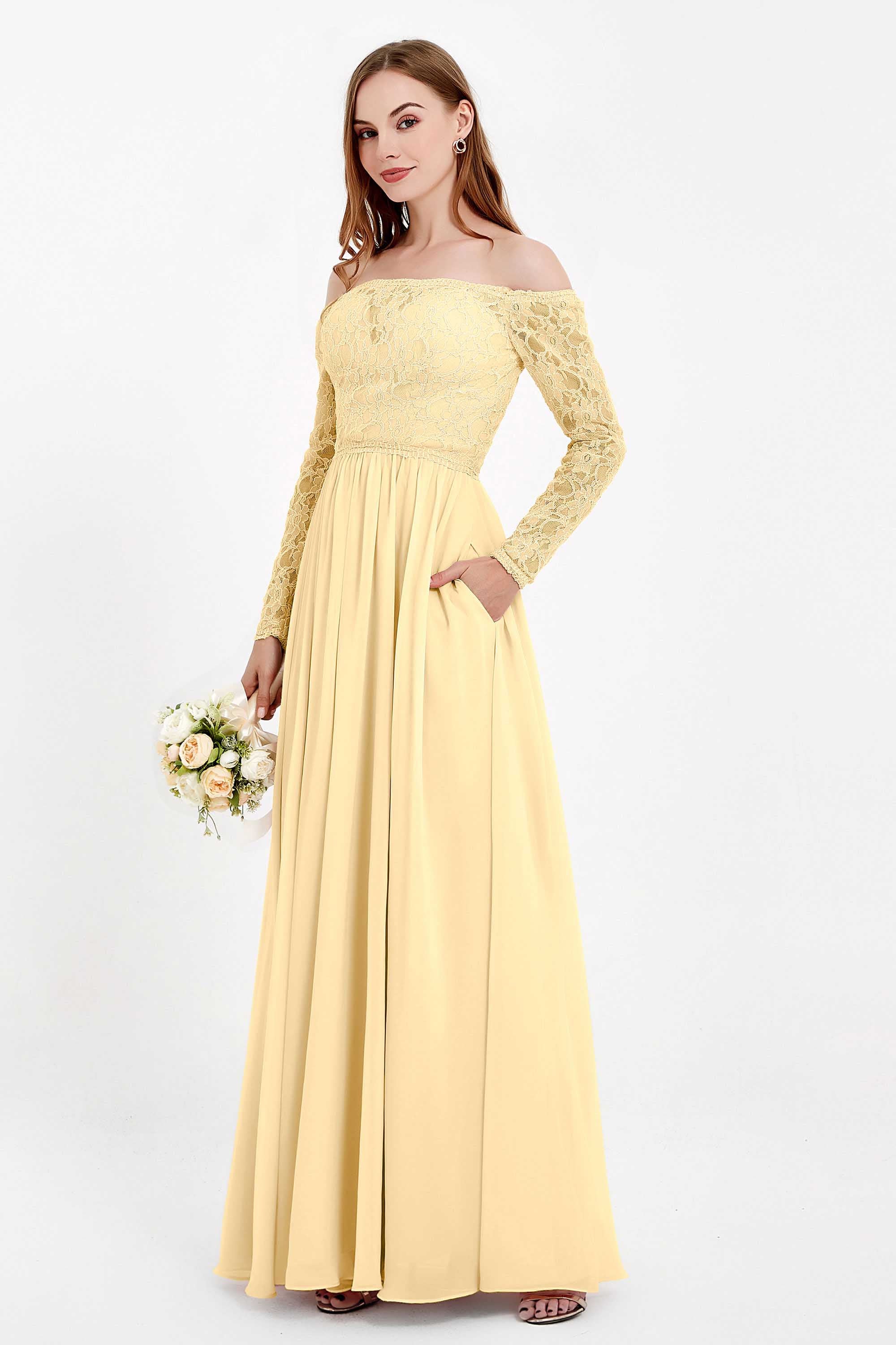 Flowy Chiffon Lace off the shoulder Bridesmaid Dress Long sleeves Formal Evening Party Dresses