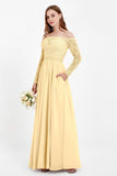 Flowy Chiffon Lace off the shoulder Bridesmaid Dress Long sleeves Formal Evening Party Dresses