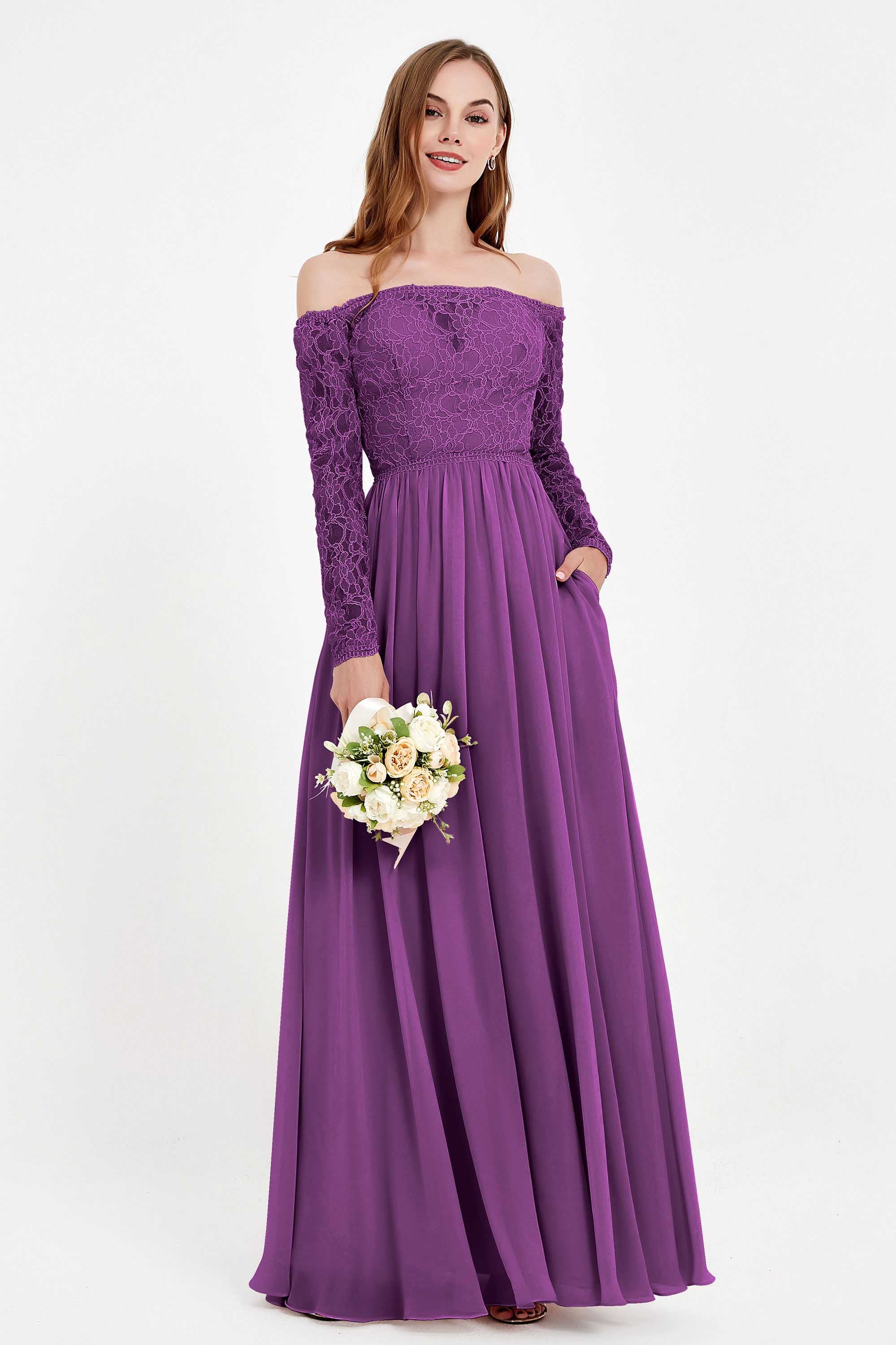 Flowy Chiffon Lace off the shoulder Bridesmaid Dress Long sleeves Formal Evening Party Dresses