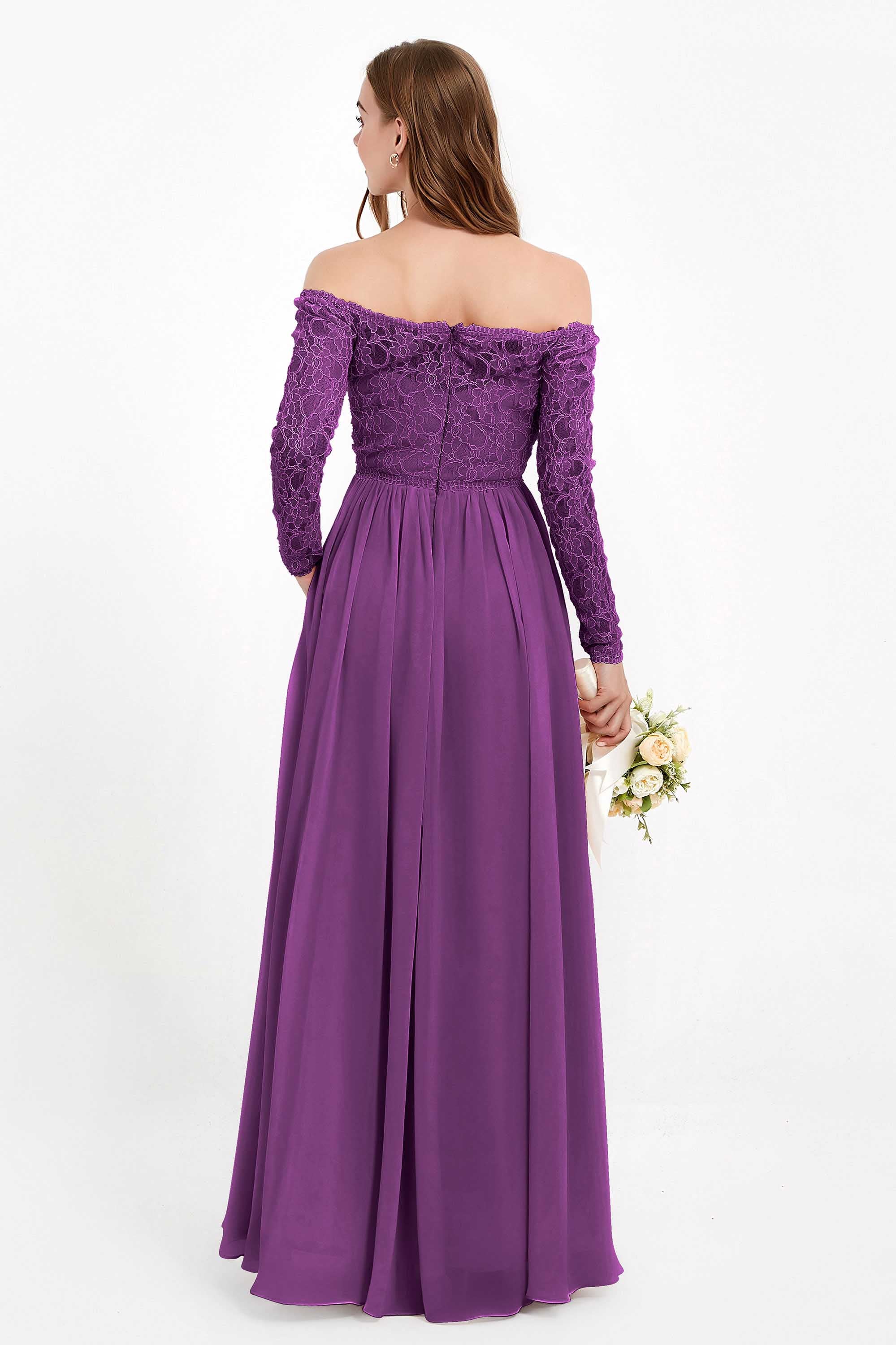 Flowy Chiffon Lace off the shoulder Bridesmaid Dress Long sleeves Formal Evening Party Dresses