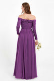Flowy Chiffon Lace off the shoulder Bridesmaid Dress Long sleeves Formal Evening Party Dresses