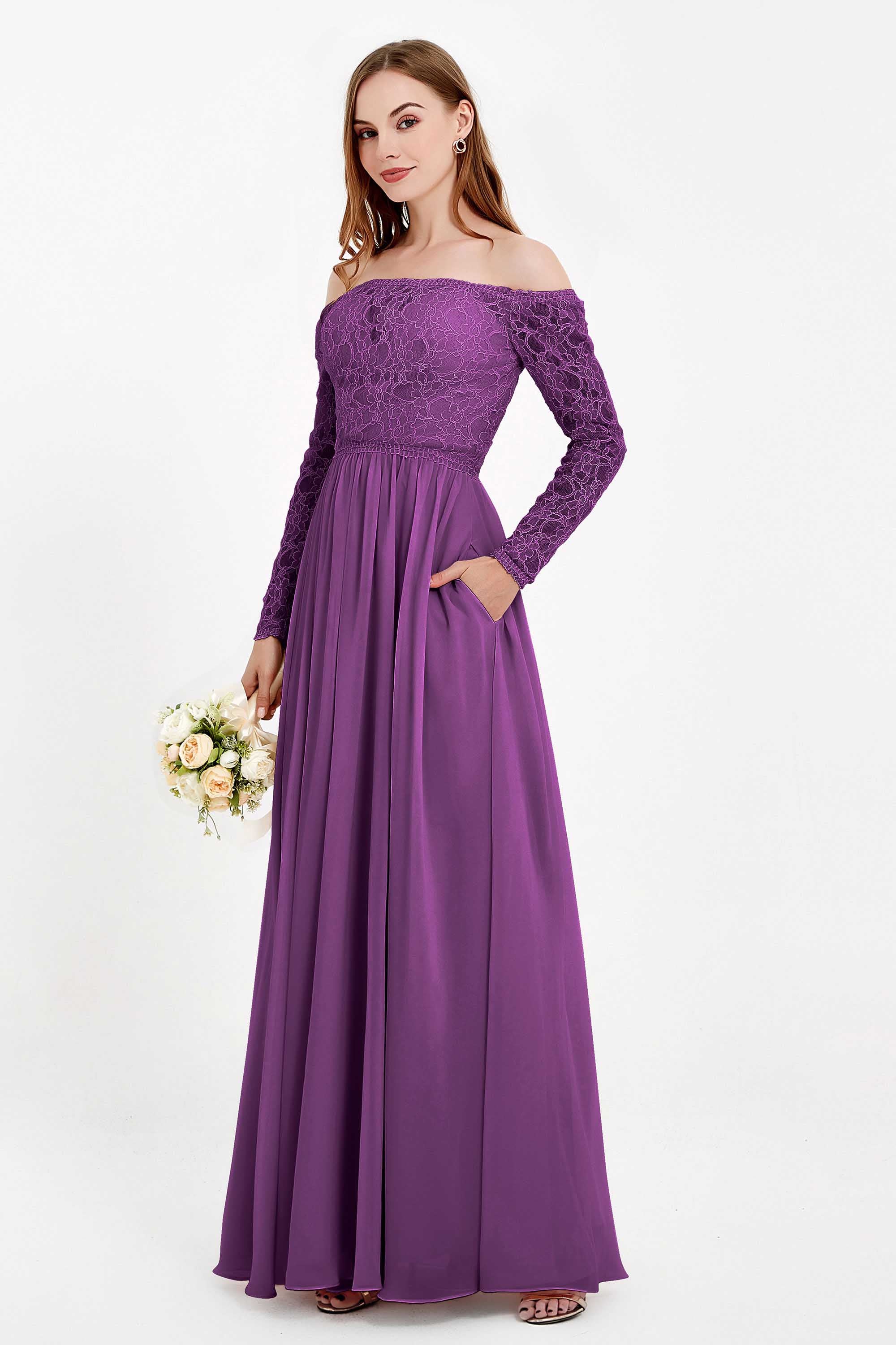 Flowy Chiffon Lace off the shoulder Bridesmaid Dress Long sleeves Formal Evening Party Dresses