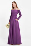 Flowy Chiffon Lace off the shoulder Bridesmaid Dress Long sleeves Formal Evening Party Dresses