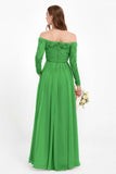 Flowy Chiffon Lace off the shoulder Bridesmaid Dress Long sleeves Formal Evening Party Dresses