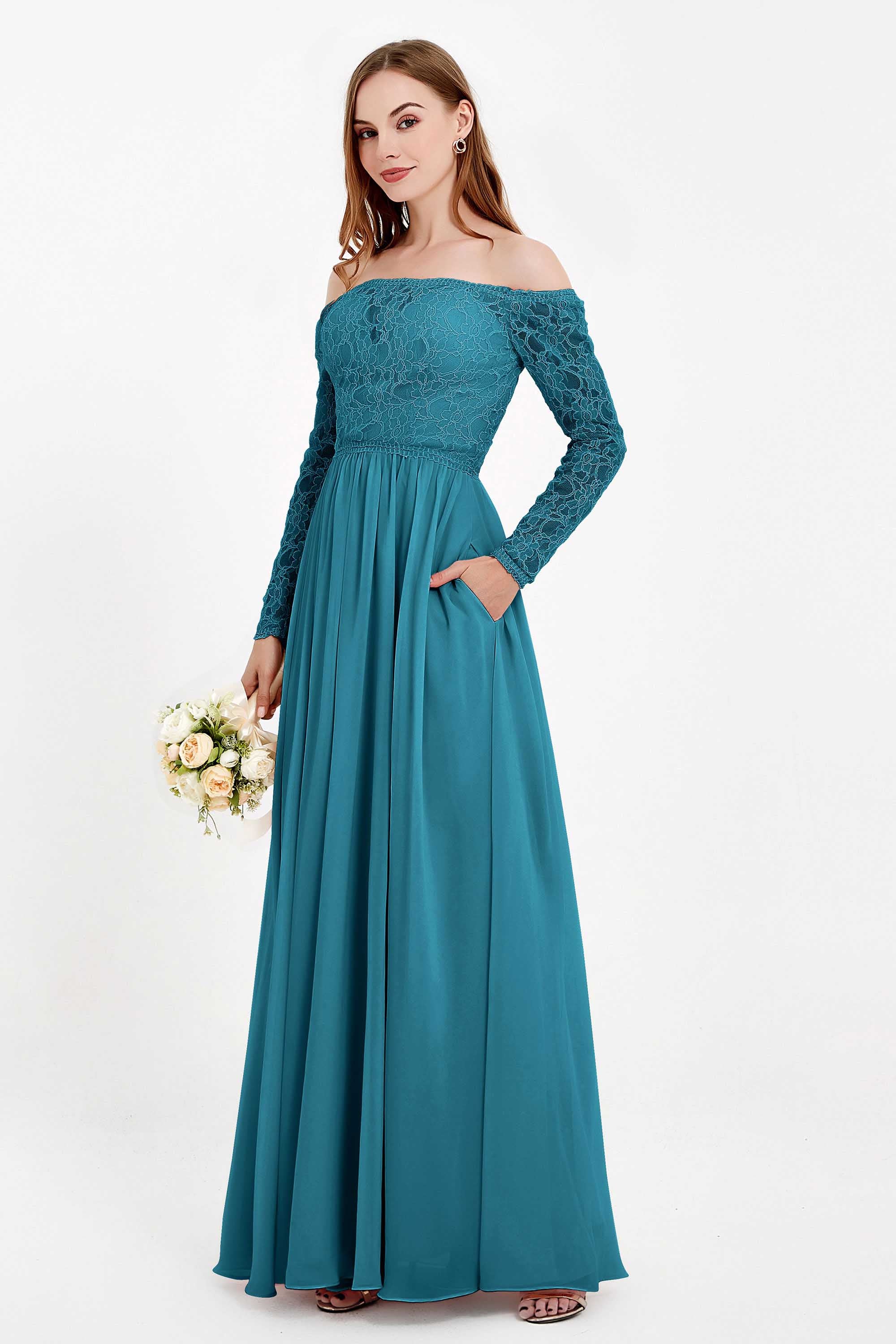 Flowy Chiffon Lace off the shoulder Bridesmaid Dress Long sleeves Formal Evening Party Dresses
