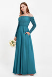 Flowy Chiffon Lace off the shoulder Bridesmaid Dress Long sleeves Formal Evening Party Dresses