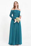 Flowy Chiffon Lace off the shoulder Bridesmaid Dress Long sleeves Formal Evening Party Dresses