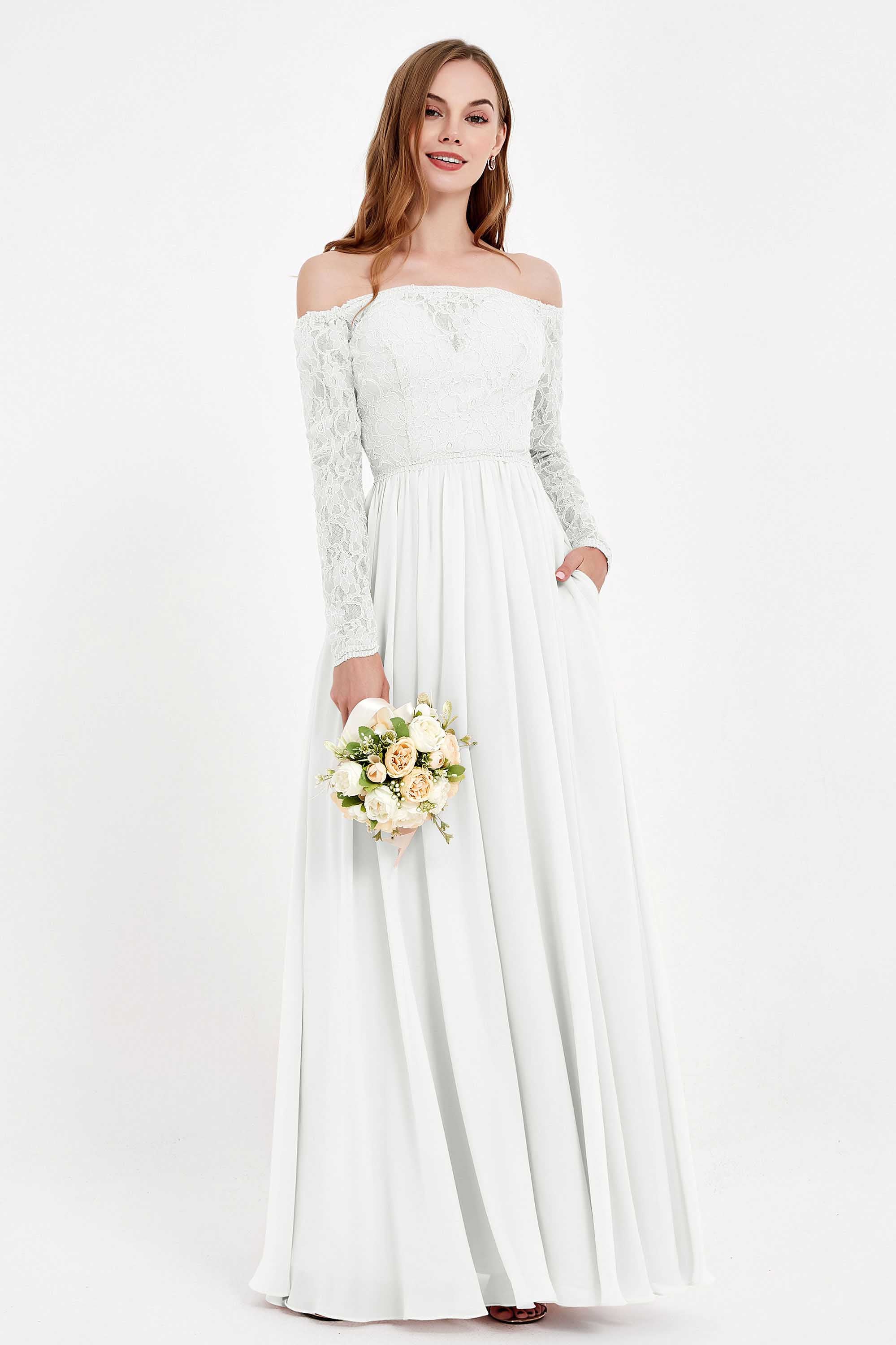 Flowy Chiffon Lace off the shoulder Bridesmaid Dress Long sleeves Formal Evening Party Dresses