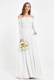 Flowy Chiffon Lace off the shoulder Bridesmaid Dress Long sleeves Formal Evening Party Dresses