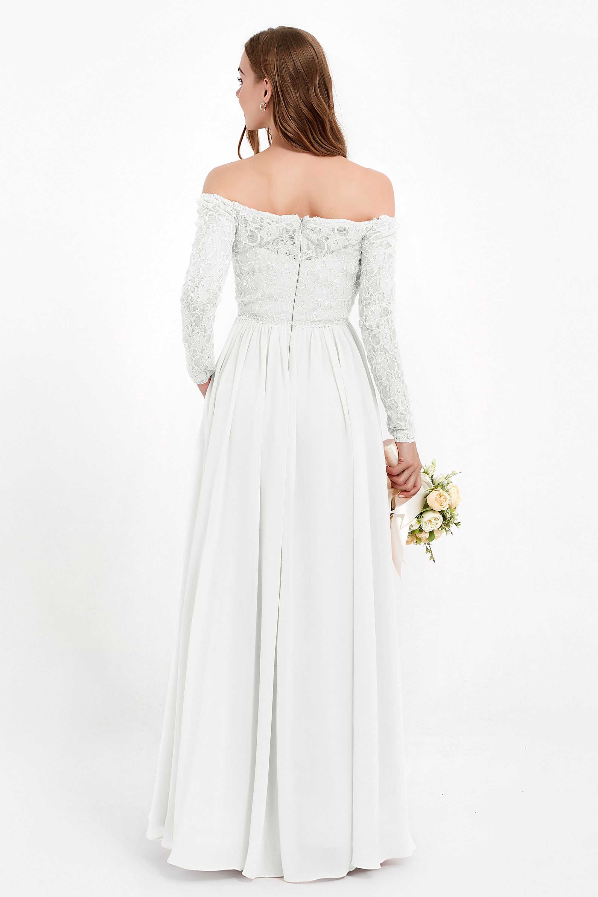 Flowy Chiffon Lace off the shoulder Bridesmaid Dress Long sleeves Formal Evening Party Dresses