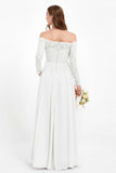 Flowy Chiffon Lace off the shoulder Bridesmaid Dress Long sleeves Formal Evening Party Dresses