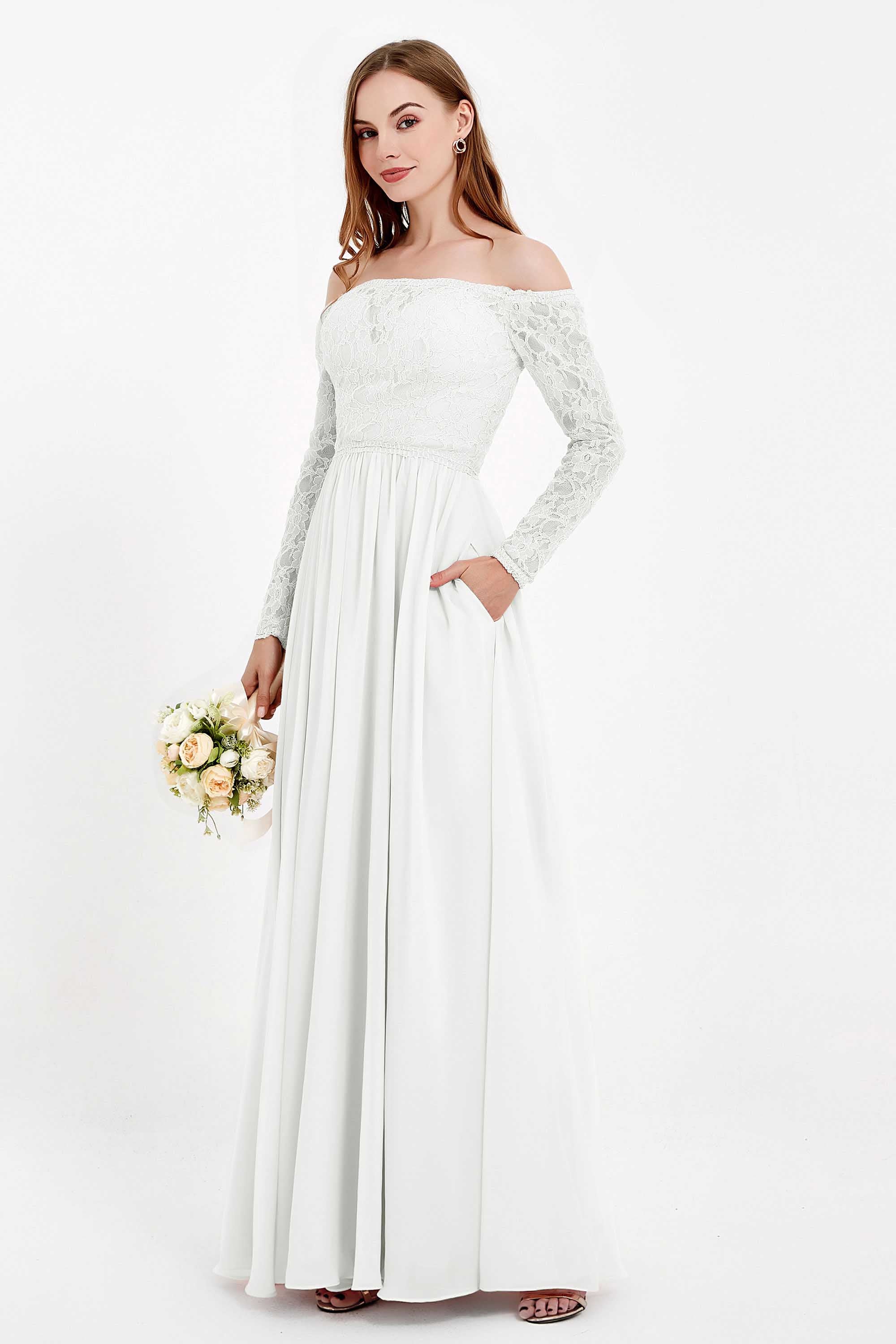 Flowy Chiffon Lace off the shoulder Bridesmaid Dress Long sleeves Formal Evening Party Dresses