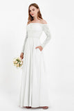 Flowy Chiffon Lace off the shoulder Bridesmaid Dress Long sleeves Formal Evening Party Dresses