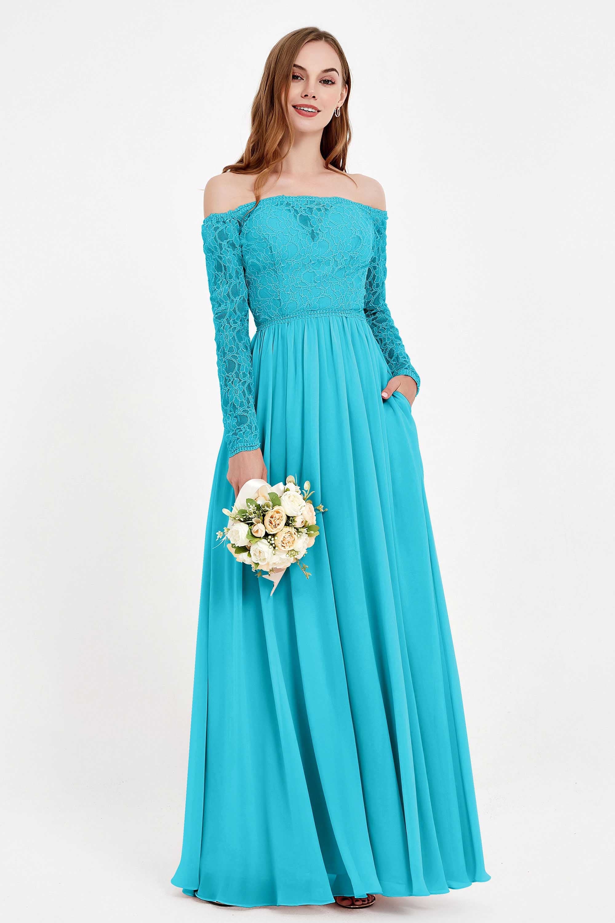 Flowy Chiffon Lace off the shoulder Bridesmaid Dress Long sleeves Formal Evening Party Dresses