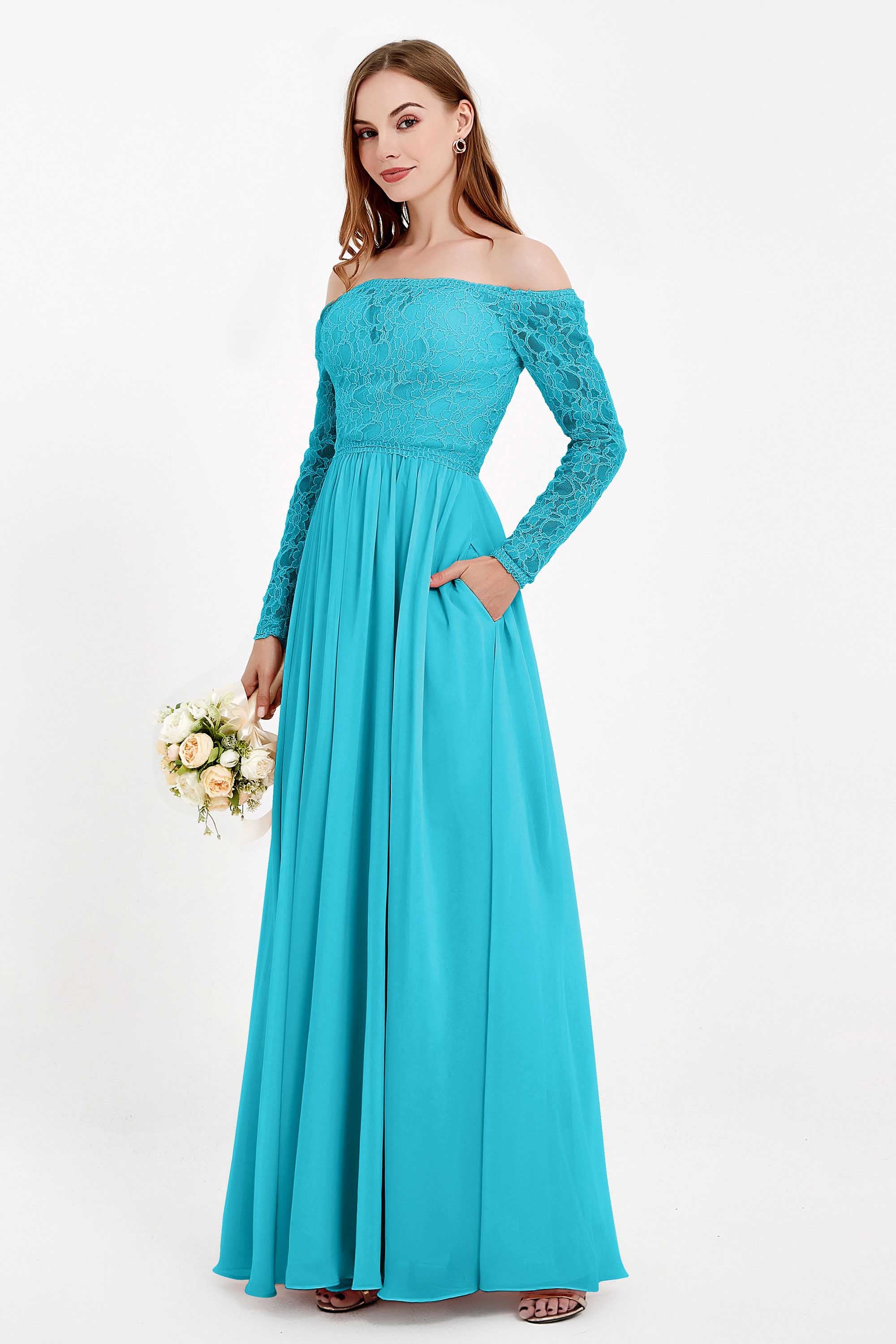 Flowy Chiffon Lace off the shoulder Bridesmaid Dress Long sleeves Formal Evening Party Dresses