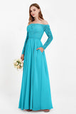 Flowy Chiffon Lace off the shoulder Bridesmaid Dress Long sleeves Formal Evening Party Dresses